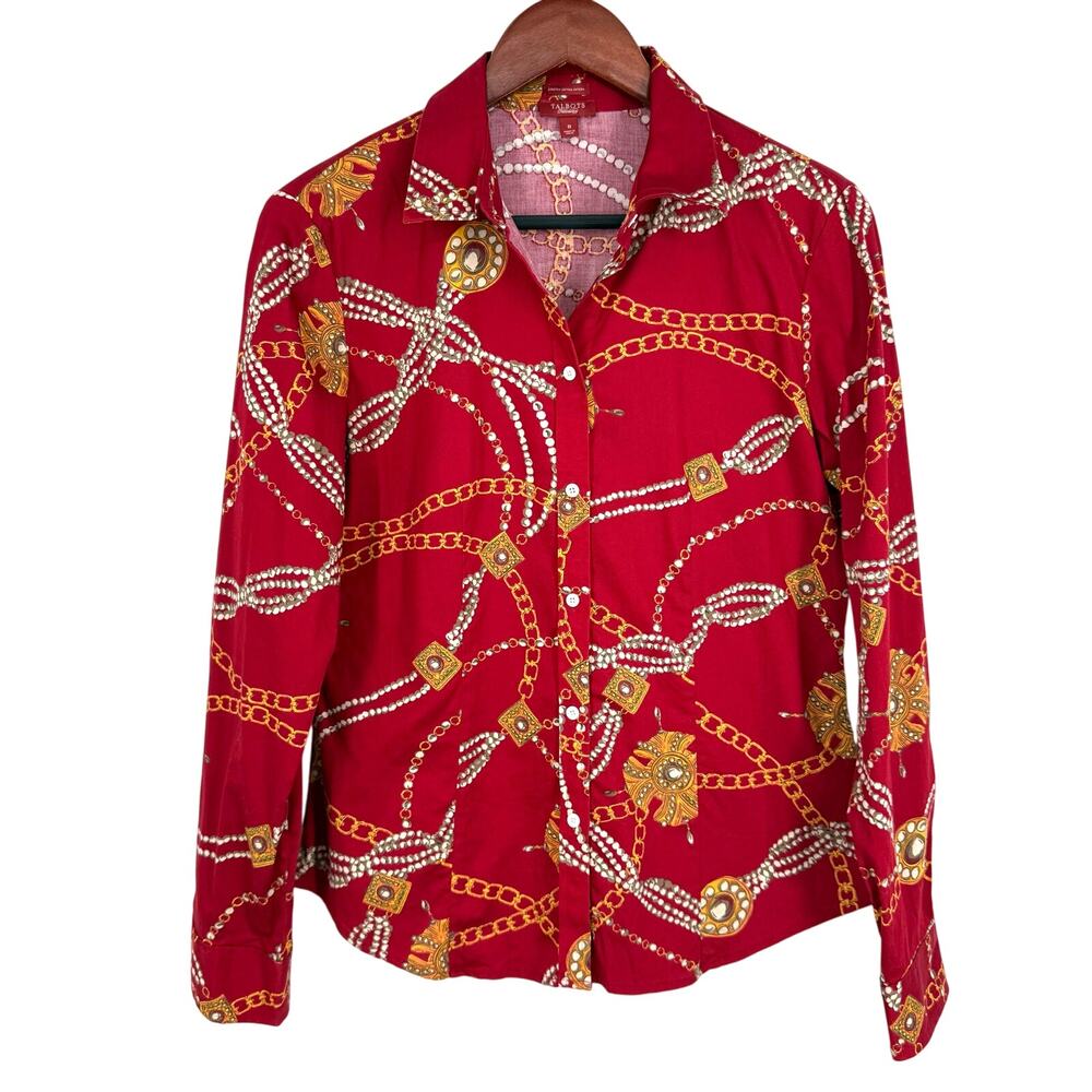 Talbots Stretch Cotton Sateen Sz 8 Formal Red Gold Chain Blouse Shirt Top Dinner